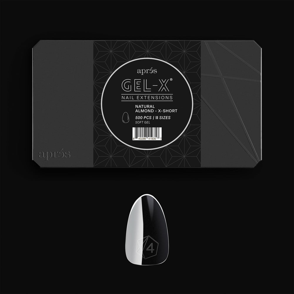 APRÉS Gel-X box of tips with 500 soft gel tips in natural almond shade.