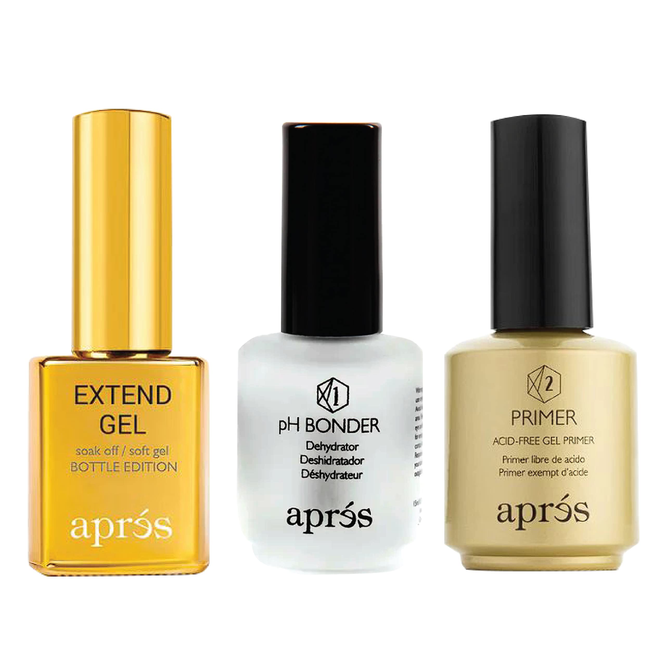 APRÉS Gel-X kit shows the gold bottle pH Bonder supporting strong adhesion for durable extensions.