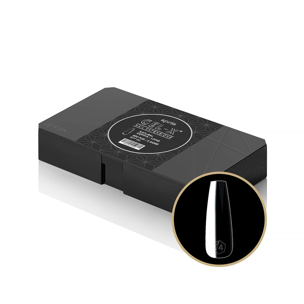 APRÉS Gel-X natural coffin long tip box shows 500 tips for salon-ready nails