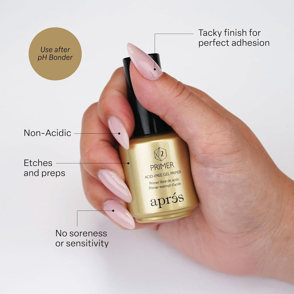 APRÉS Gel-X primer application scene highlights tacky layer for stronger nail adhesion.