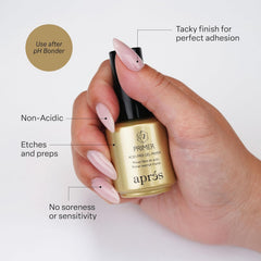 APRÉS Gel-X primer application scene highlights tacky layer for stronger nail adhesion.