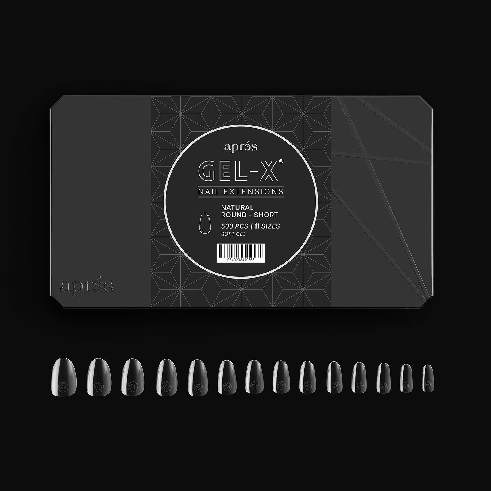 APRÉS Gel-X tips in open box display showing 11 sizes for salon-ready applications.