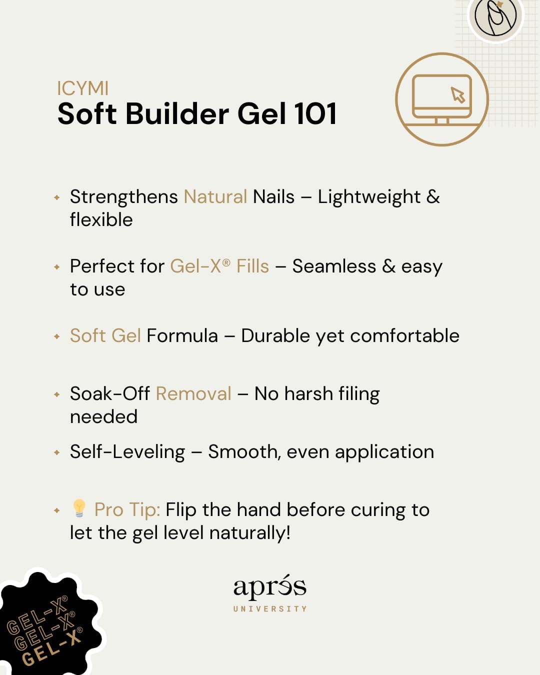APRÉS Soft Gel Builder soak-off removal with acetone.