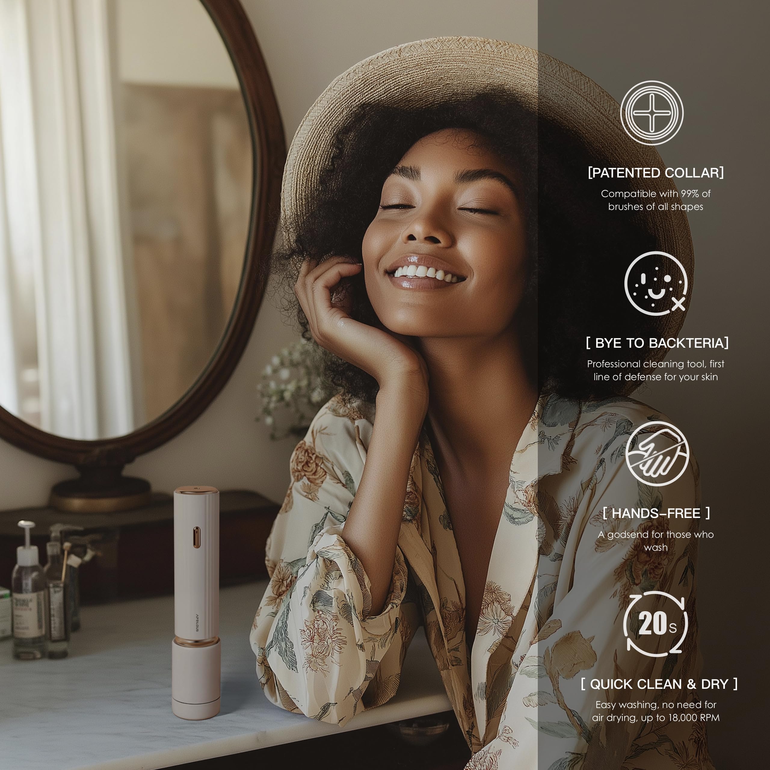 Aprilous universal collar accommodates 3–36mm brushes for easy, versatile makeup tool cleaning.