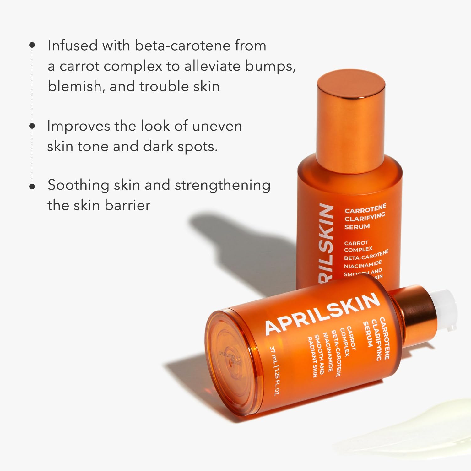 APRILSKIN Carrotene Clarifying Serum drop application demonstrating precise dispensing.