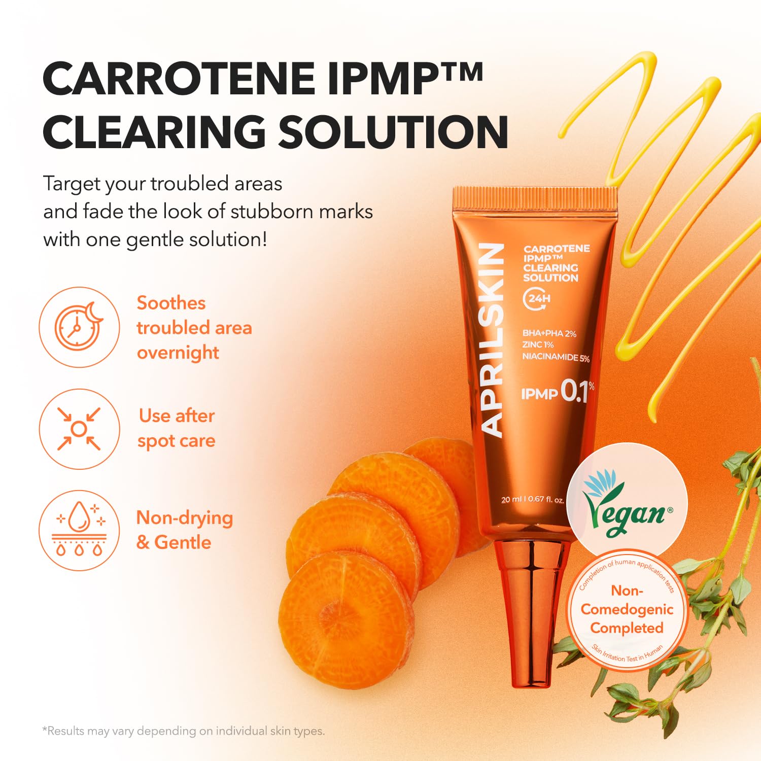 APRILSKIN Carrotene IPMP bottle with dropper highlighting non-irritating formula.