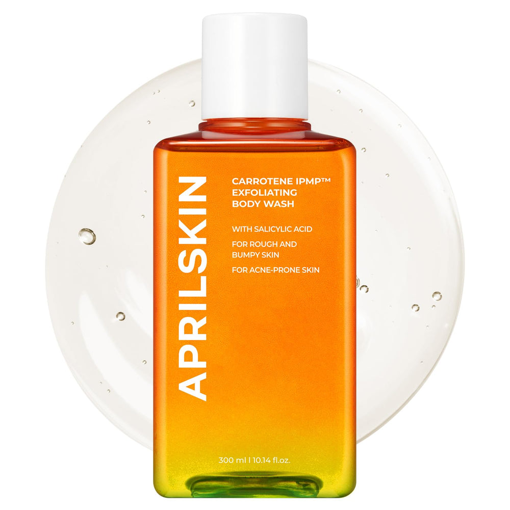 APRILSKIN Carrotene IPMP Exfoliating Body Wash bottle close-up highlighting smooth skin benefits