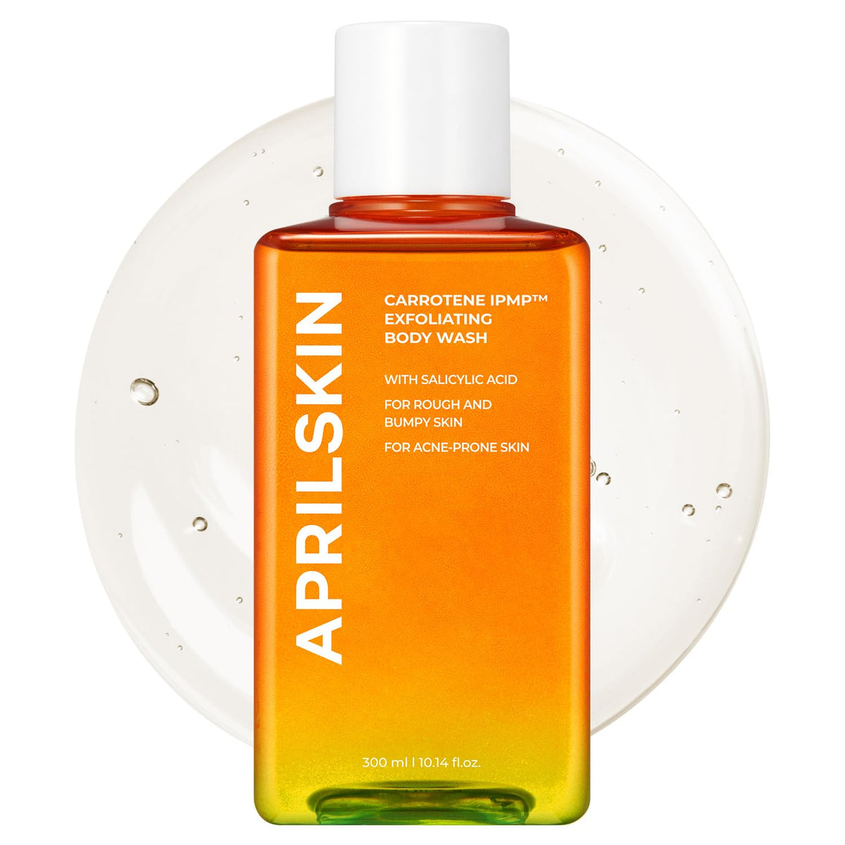 APRILSKIN Carrotene IPMP Exfoliating Body Wash bottle close-up highlighting smooth skin benefits