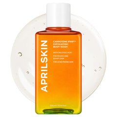 APRILSKIN Carrotene IPMP Exfoliating Body Wash bottle close-up highlighting smooth skin benefits