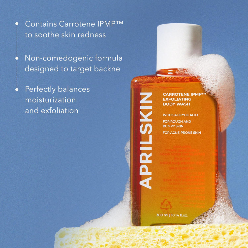 APRILSKIN Carrotene IPMP Exfoliating Body Wash packaging featuring niacinamide and ceramides for skin barrier support