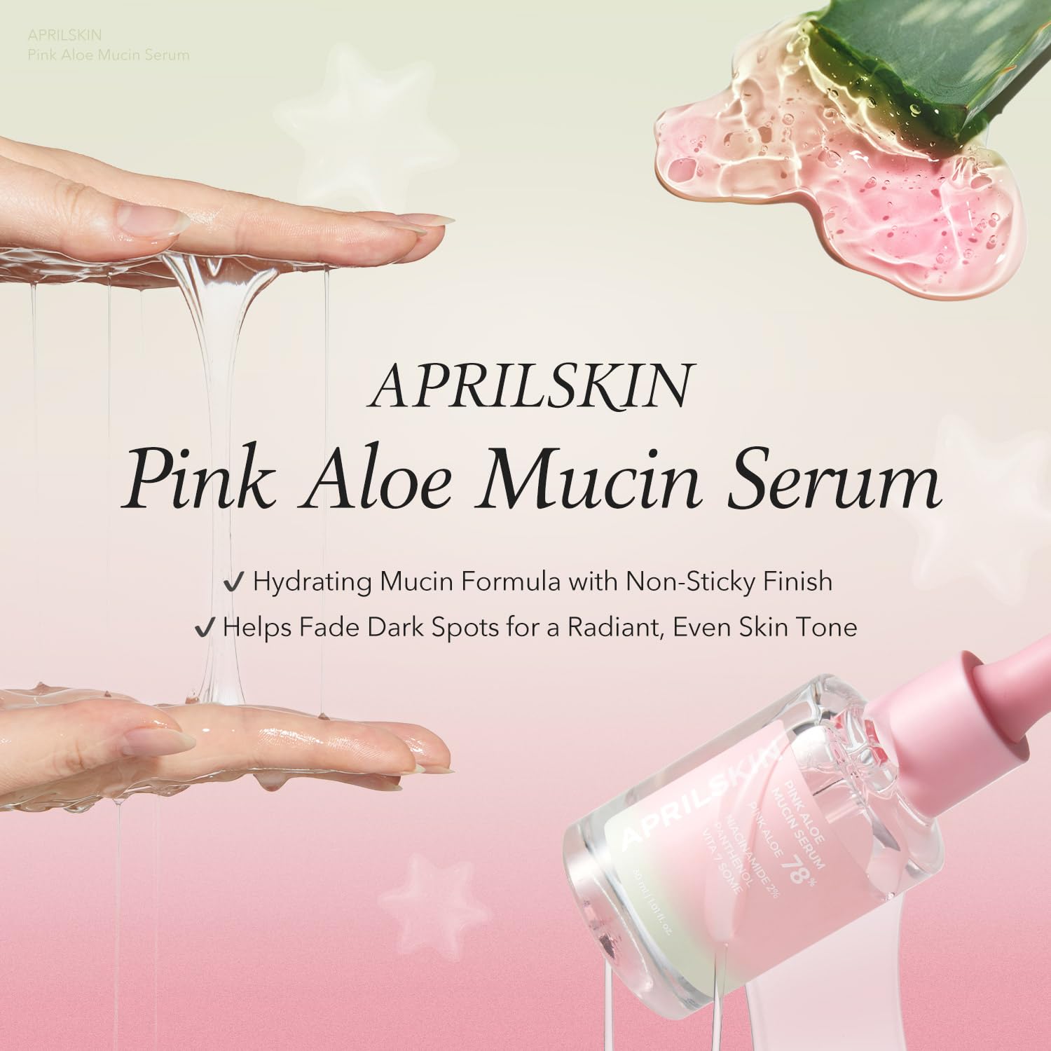 APRILSKIN Pink Aloe Mucin Serum label highlights 78% Jeju pink aloe soothing care.