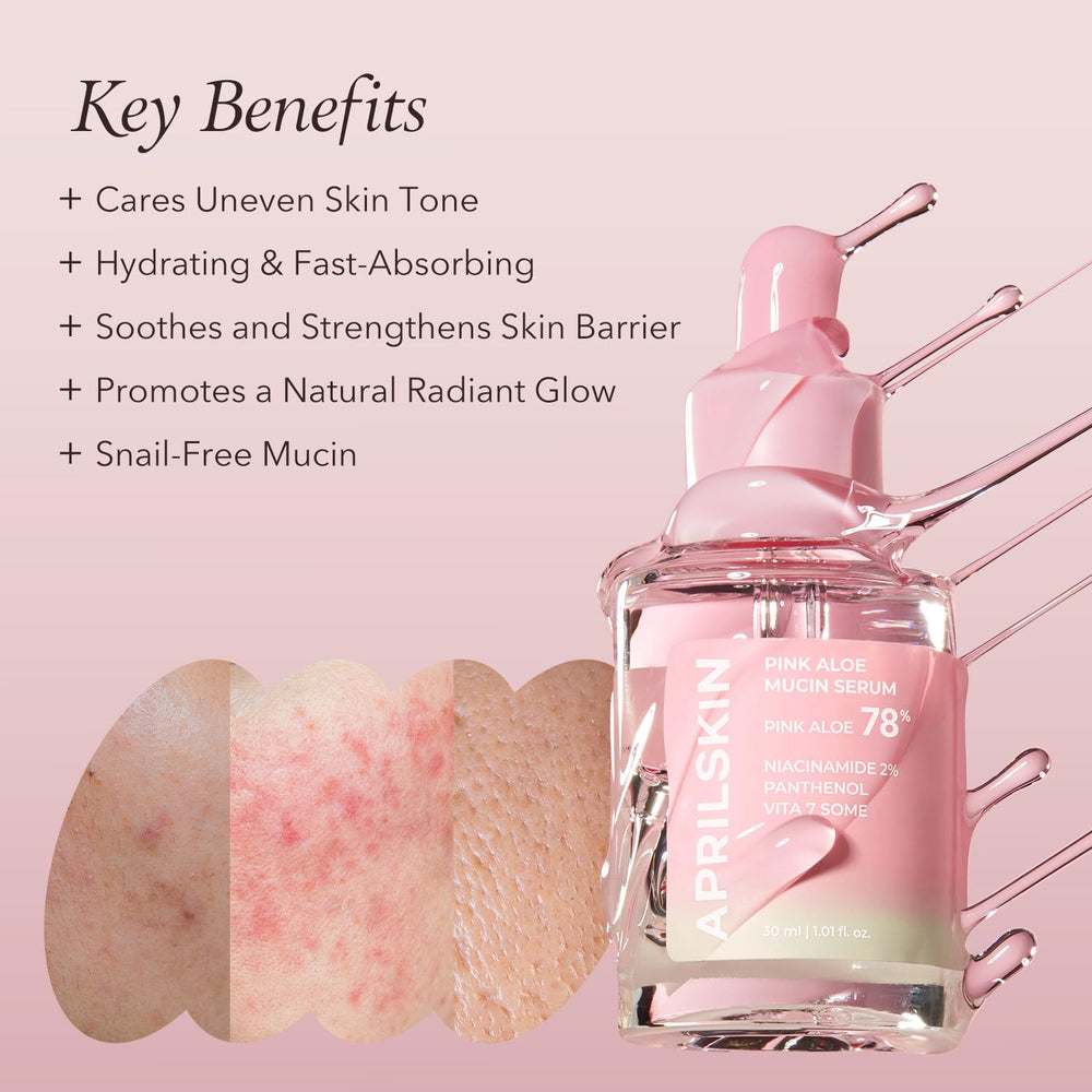 APRILSKIN Pink Aloe Mucin Serum texture closeup emphasizes smooth, fast-absorbing hydration.