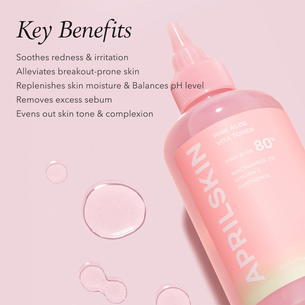 APRILSKIN Pink Aloe Vita Toner liquid application demonstrates fast-absorbing hydration