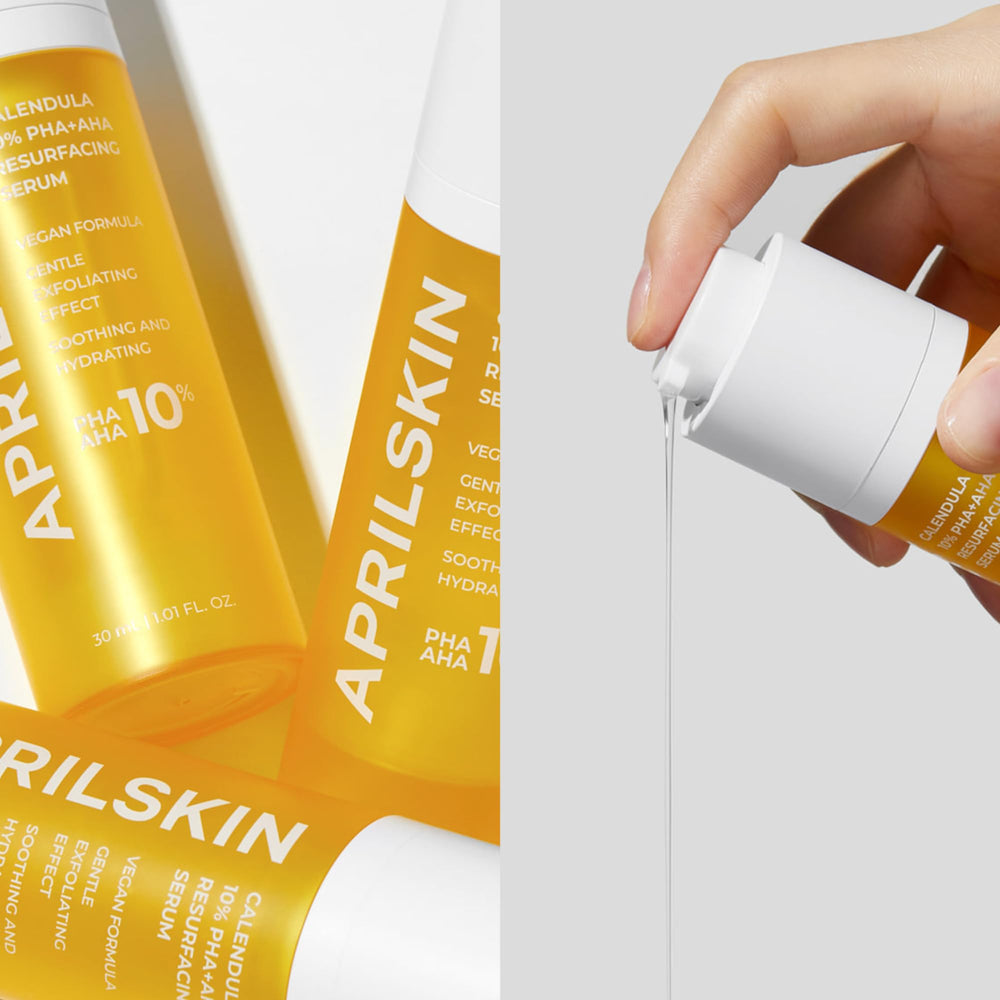 APRILSKIN serum texture lightweight closeup demonstrates fast-absorbing, gentle exfoliation.