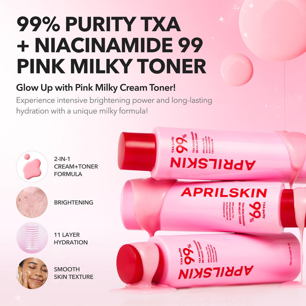 APRILSKIN TXA+Niacinamide 99 Pink Milky Toner cap demonstrates easy dispensing for daily routines.