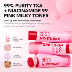 APRILSKIN TXA+Niacinamide 99 Pink Milky Toner cap demonstrates easy dispensing for daily routines.