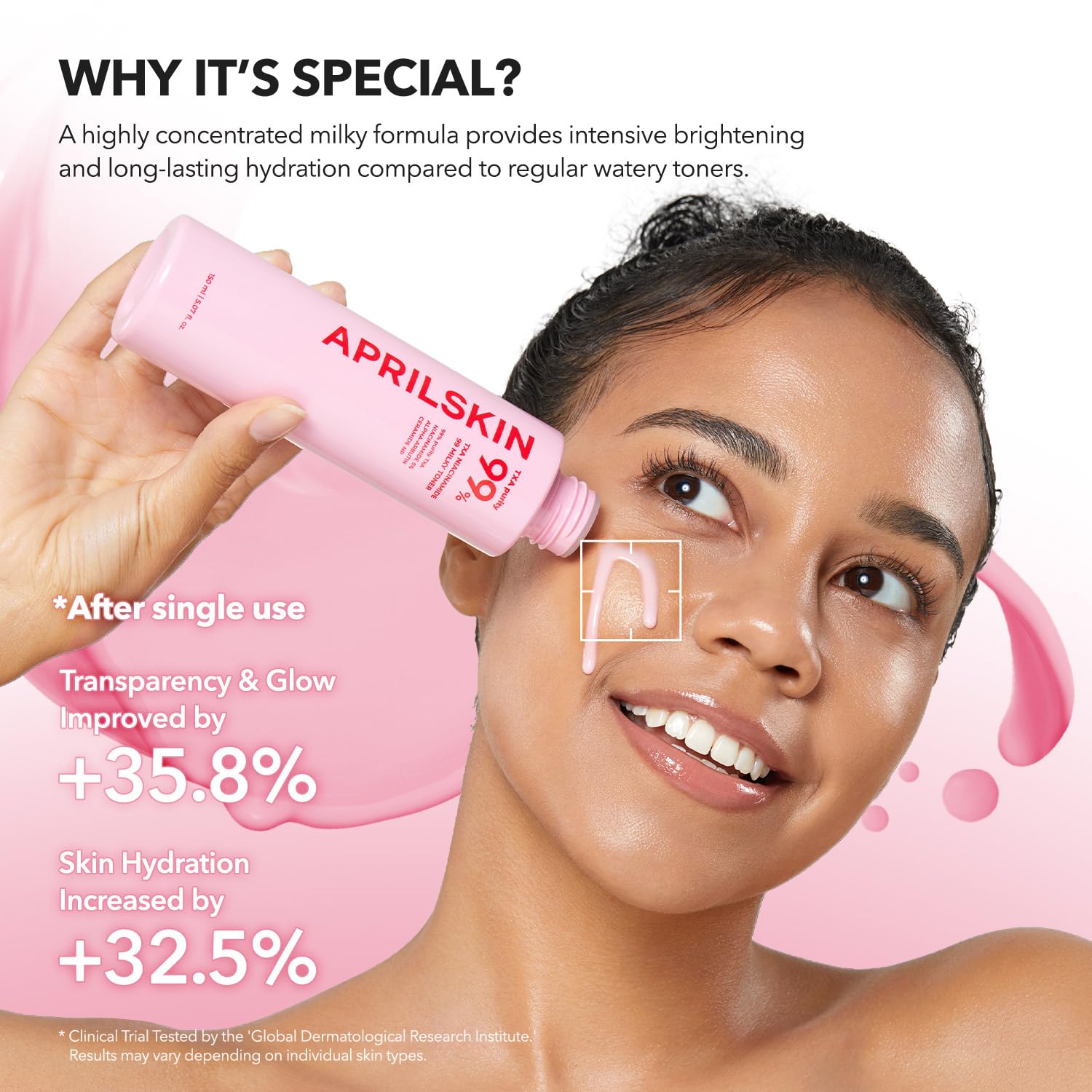 APRILSKIN TXA+Niacinamide 99 Pink Milky Toner swatch reveals creamy pink texture and hydration cue.