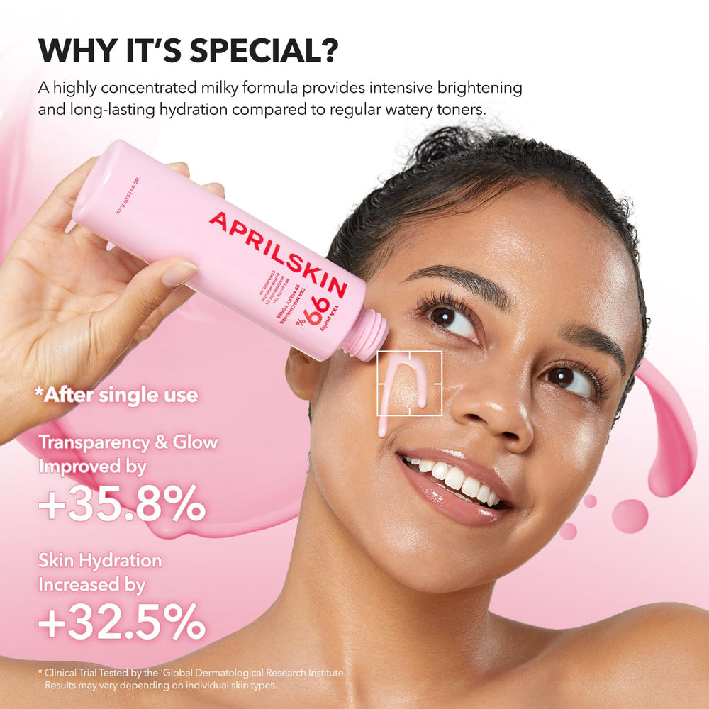 APRILSKIN TXA+Niacinamide 99 Pink Milky Toner swatch reveals creamy pink texture and hydration cue.