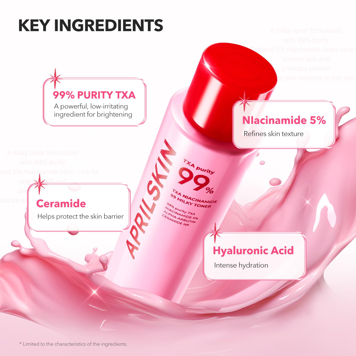 APRILSKIN TXA+Niacinamide 99 Pink Milky Toner texture close-up highlights rich milky finish and absorption.