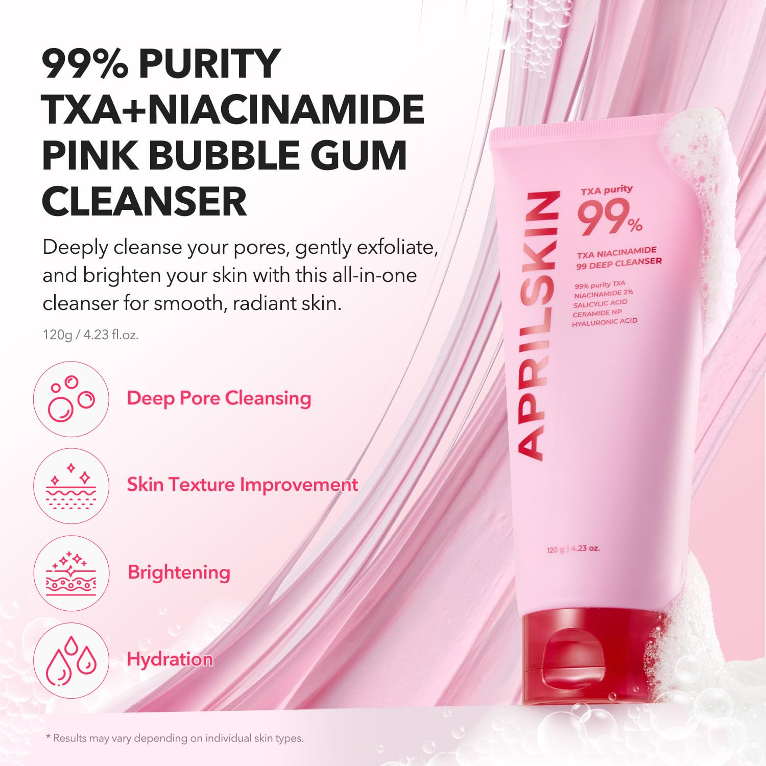 APRILSKIN cleanser texture close-up showing chewy formula lifting impurities.