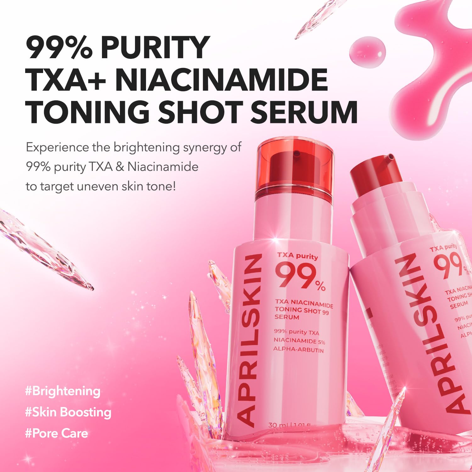 APRILSKIN TXA Niacinamide Toning Shot dispenser demonstrates fast-absorption serum