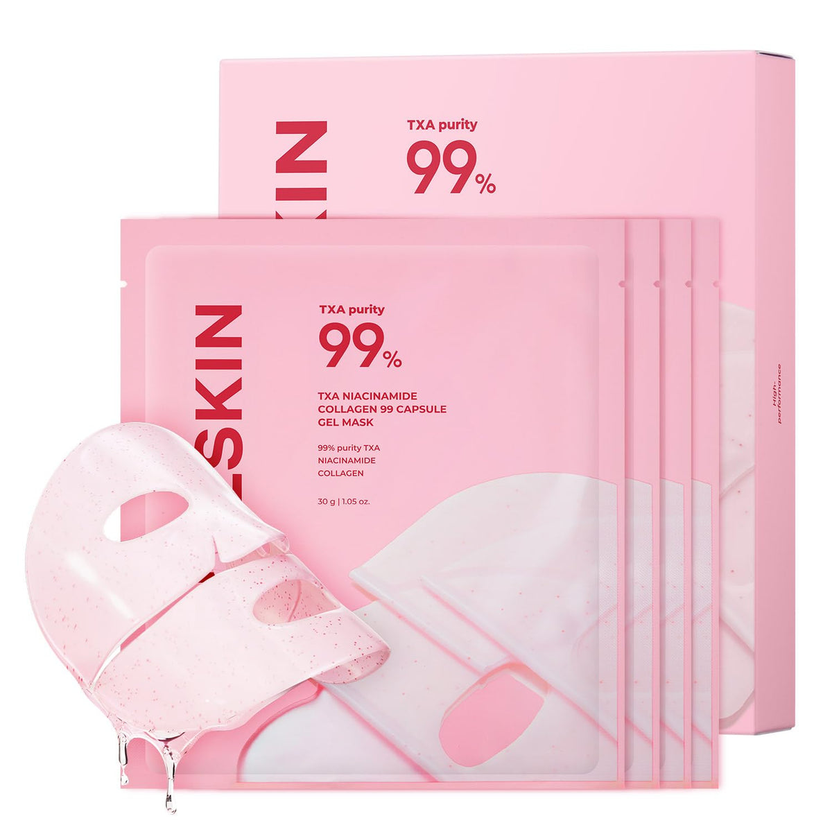 APRILSKIN TXA Pink Capsule Gel Mask bottle pour reveals hydrating formula ready for overnight care.