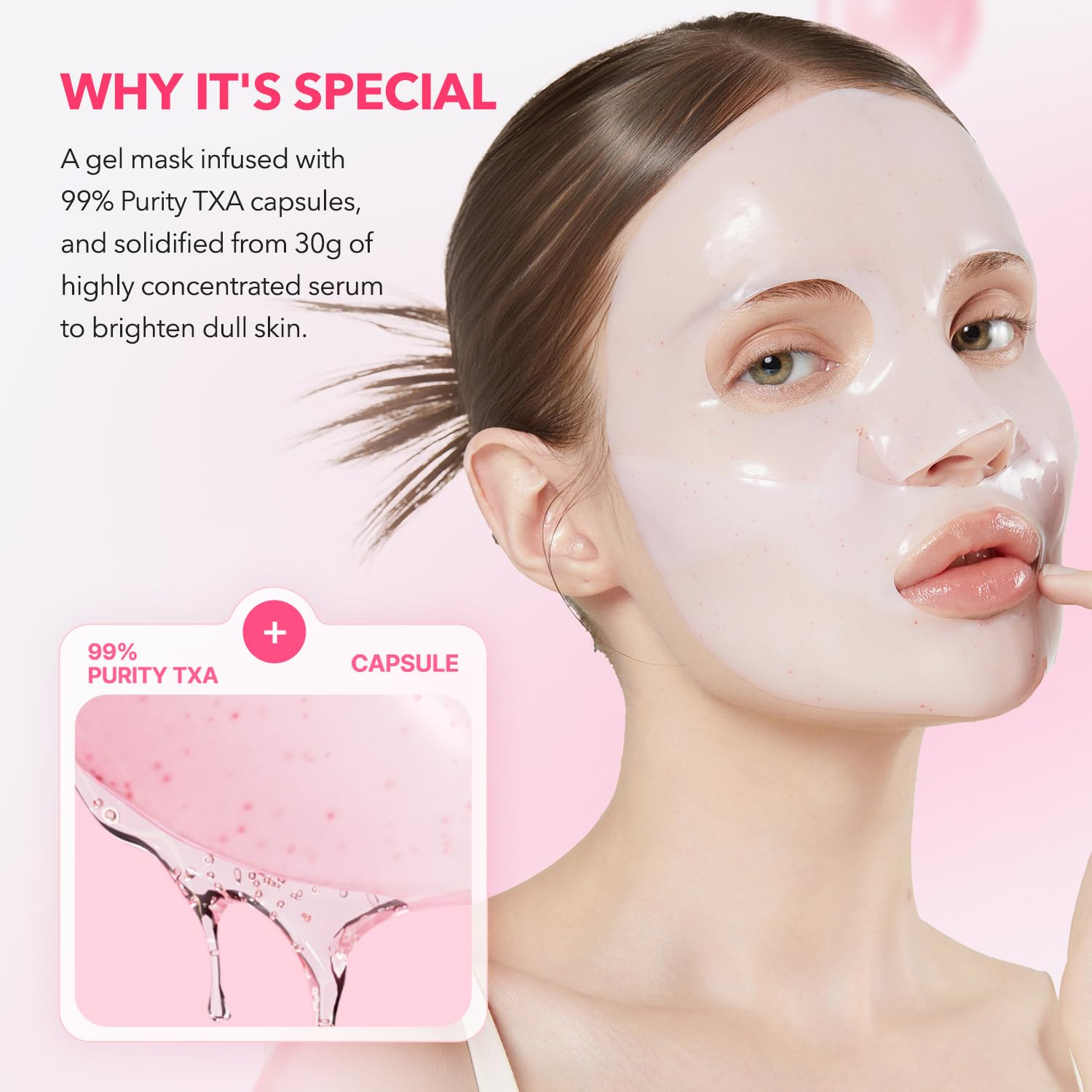 APRILSKIN TXA Pink Capsule Gel Mask capsule closeup highlights high-purity TXA delivery and absorption.