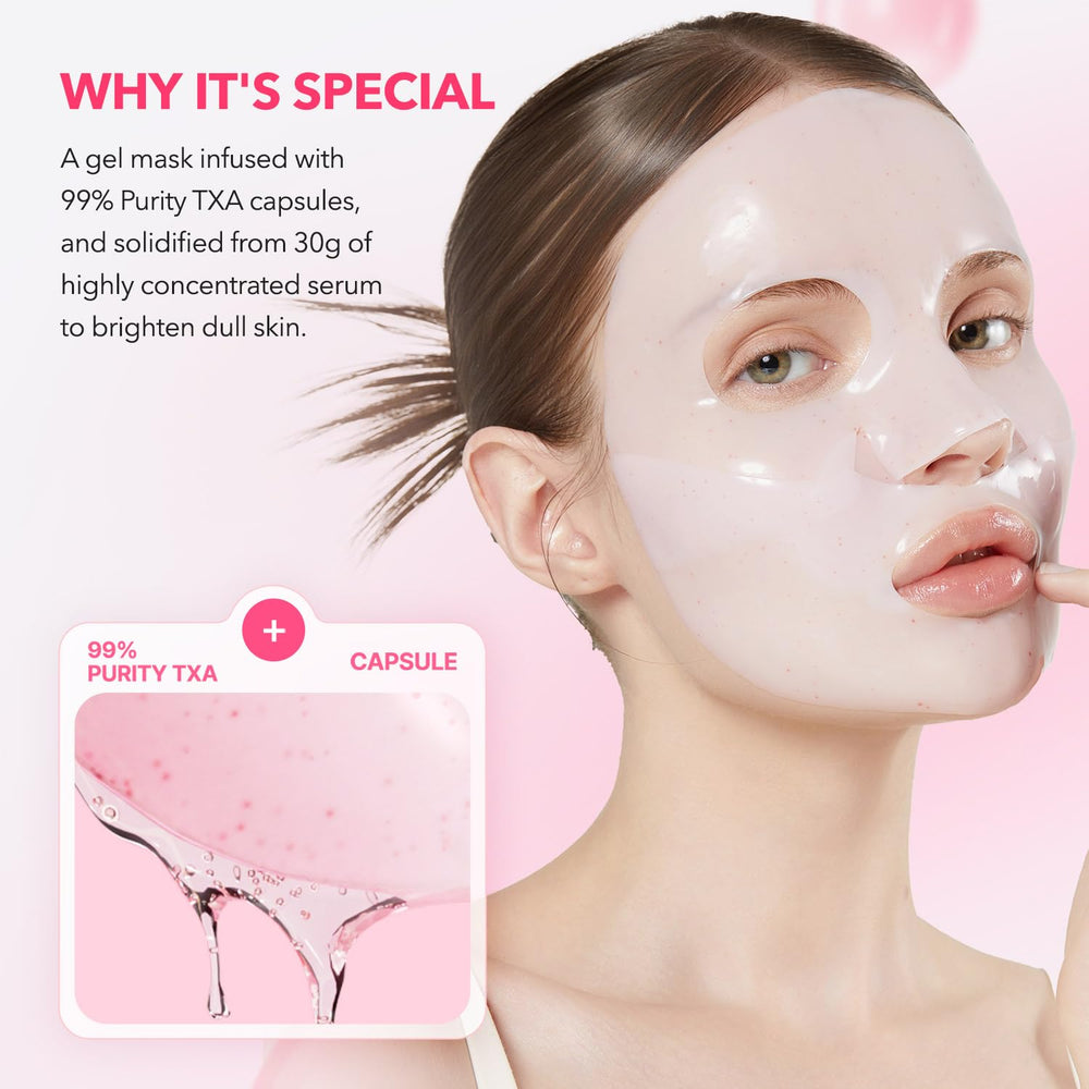 APRILSKIN TXA Pink Capsule Gel Mask capsule closeup highlights high-purity TXA delivery and absorption.