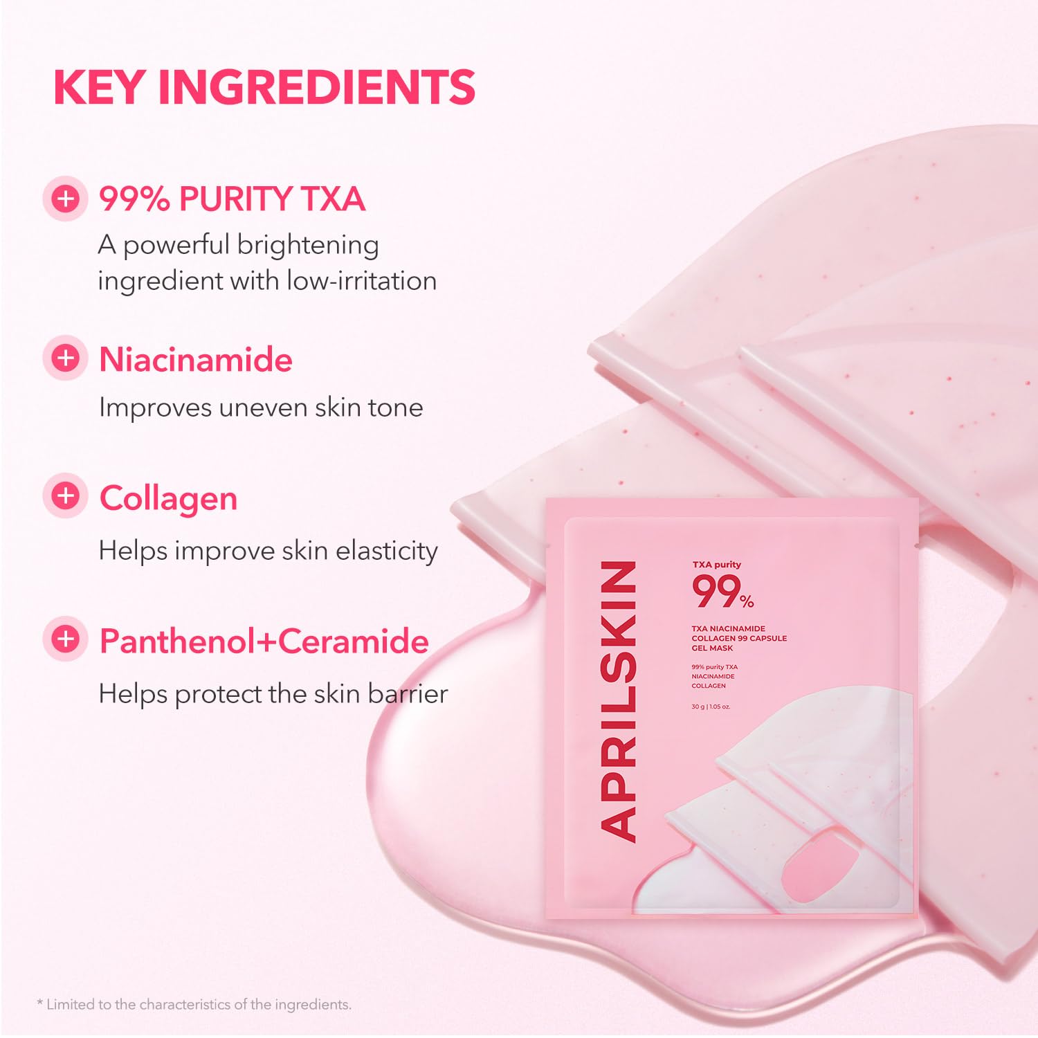 APRILSKIN TXA Pink Capsule Gel Mask color-change display indicates optimal absorption and active efficacy.