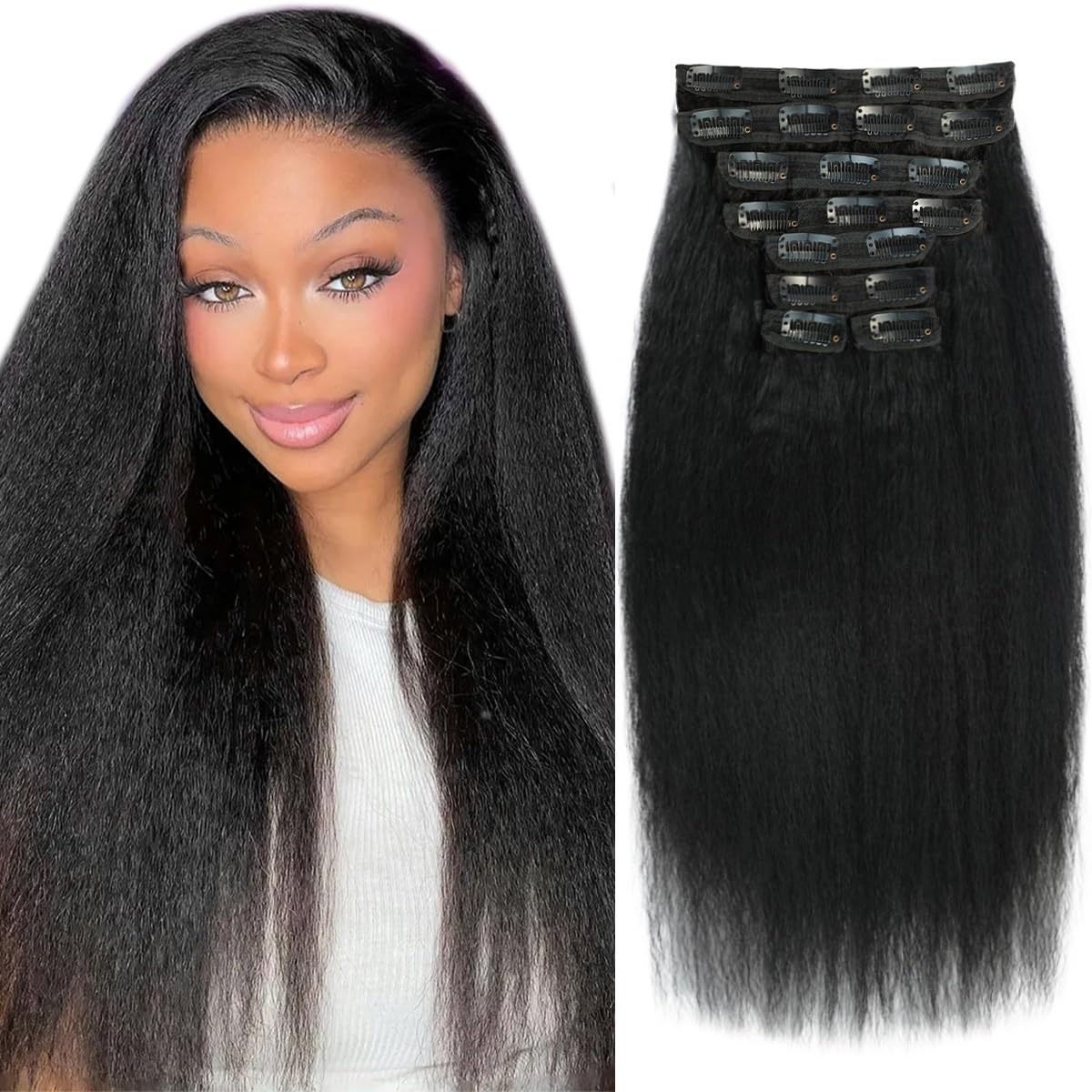 Aqifai kinky straight clip-ins 16in full head view for added length.