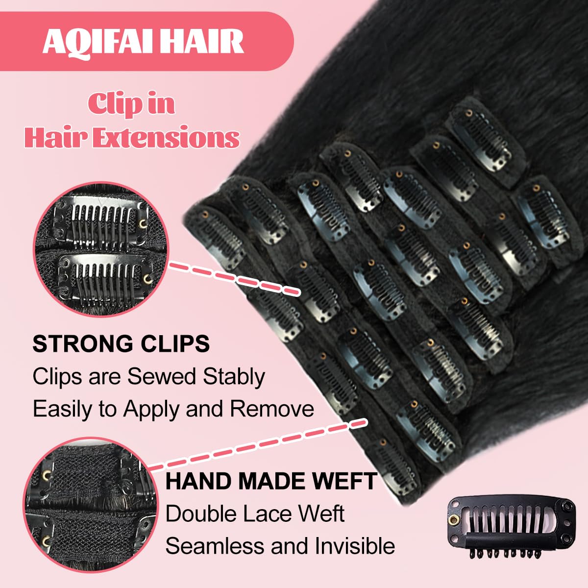 Aqifai clip-ins closeup showing 20 clips for secure attachment.