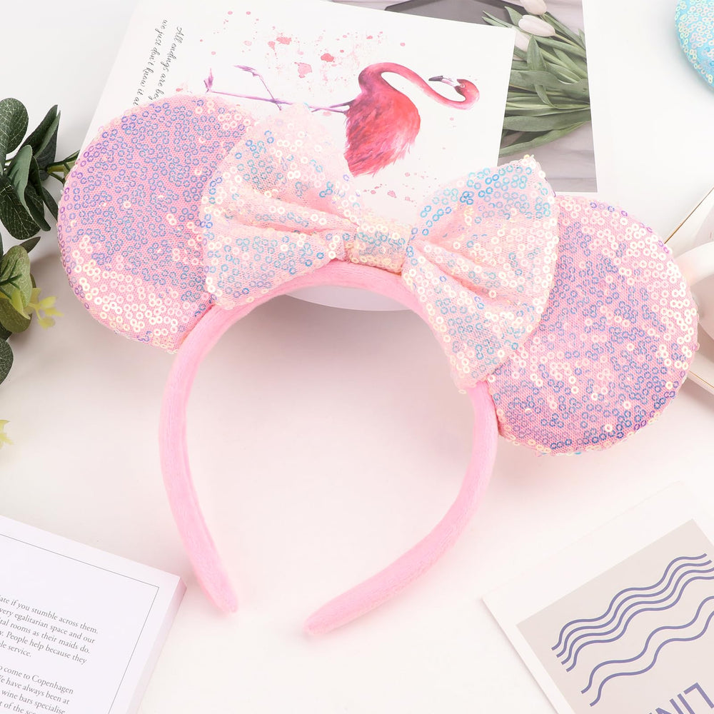 AQOKKA mouse ears headband bow closeup highlights durable, stiff ears and premium bow.