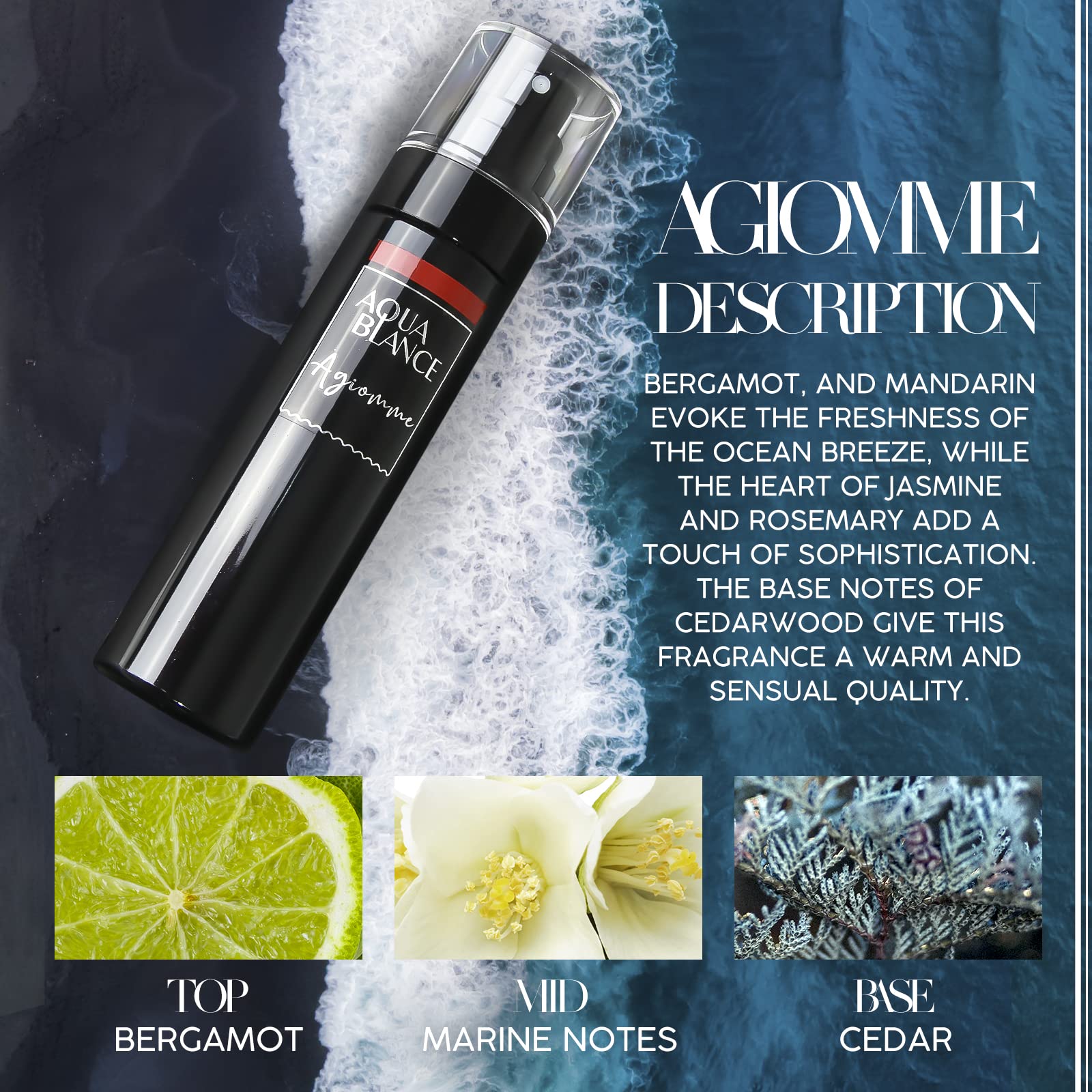 AQUA BLANCE Agiomme bottle blends sea breeze and sun-kissed notes.