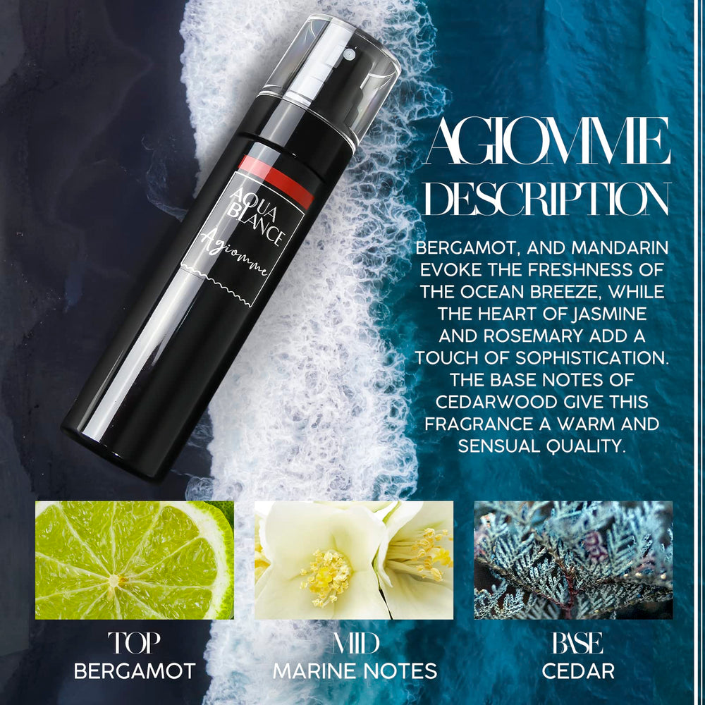 AQUA BLANCE Agiomme bottle blends sea breeze and sun-kissed notes.