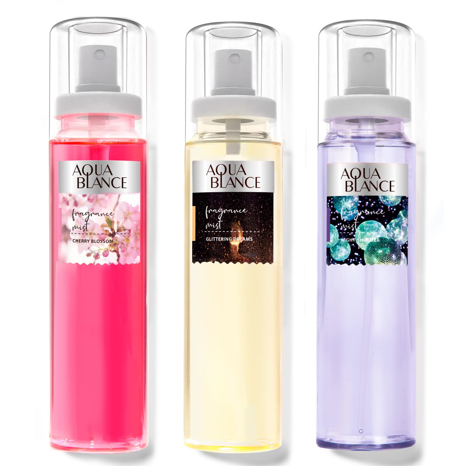 Aqua Blance body spray bottle close-up with cherry blossom scent for daily freshness.