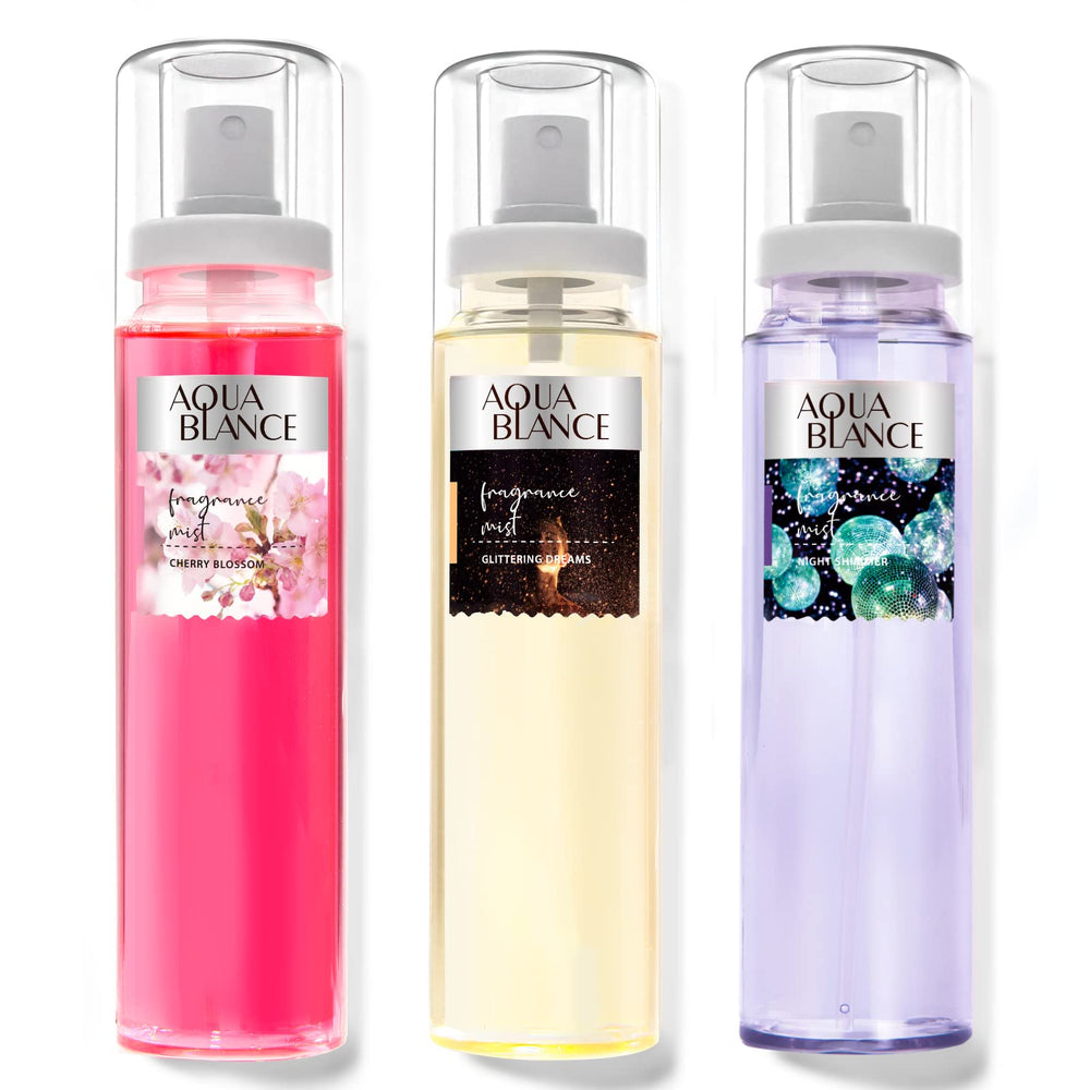 Aqua Blance body spray bottle close-up with cherry blossom scent for daily freshness.