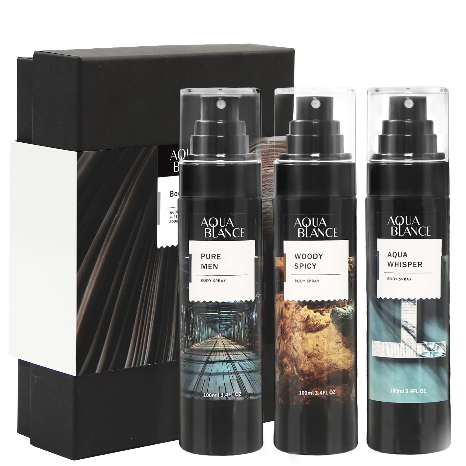 AQUA BLANCE deodorizing body spray front bottle for men provides all-day odor protection.