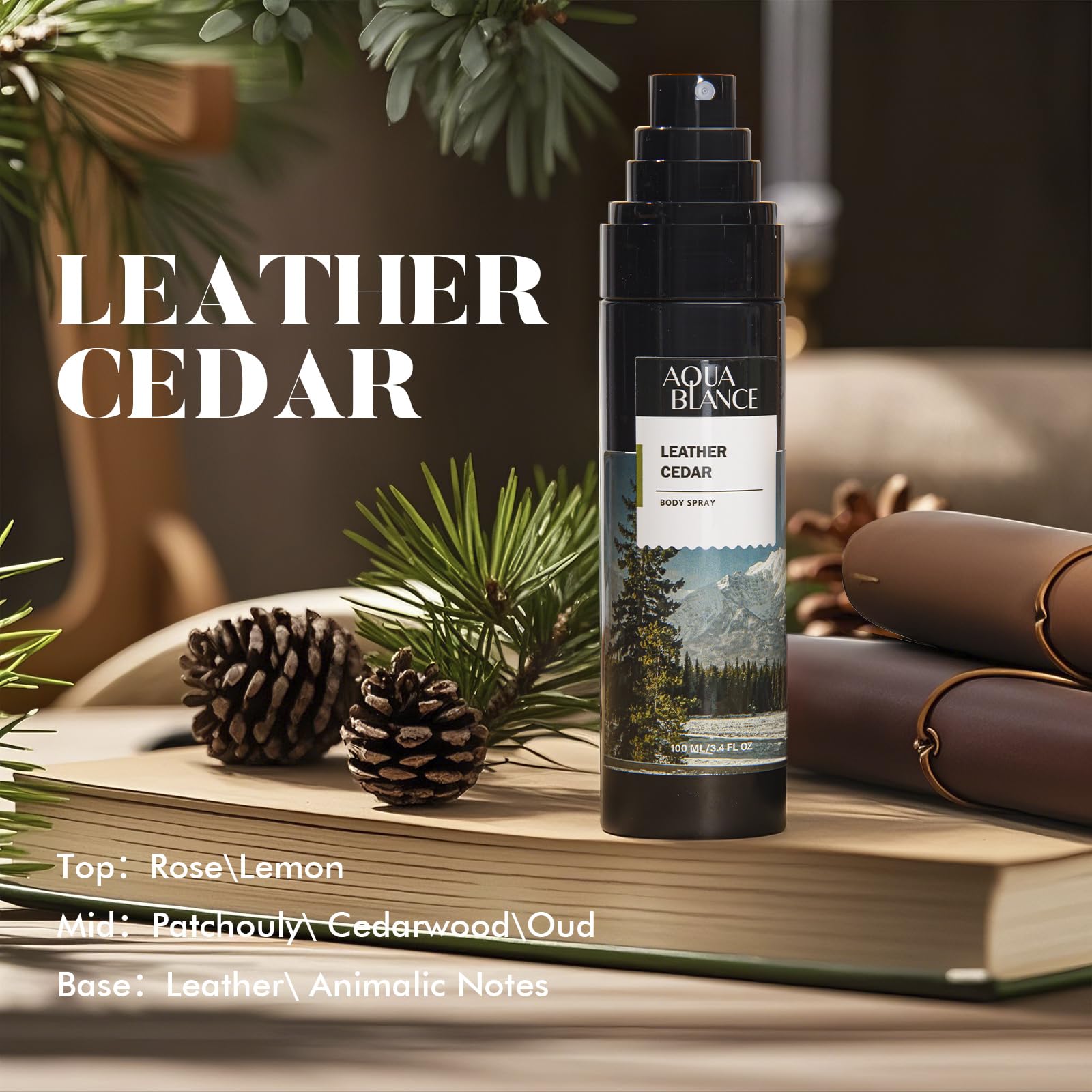 Aqua Blance leather-cedar notes bottle emphasizes rugged woody character