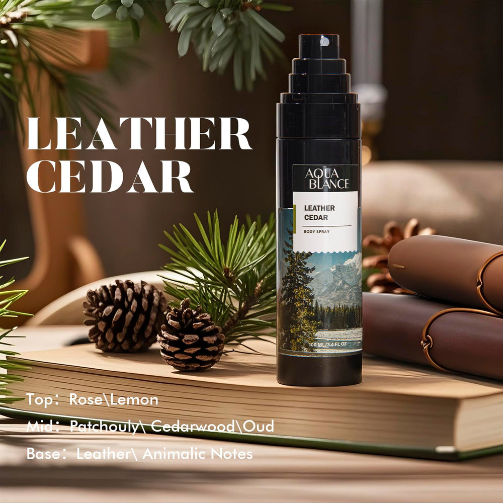 Aqua Blance leather-cedar notes bottle emphasizes rugged woody character