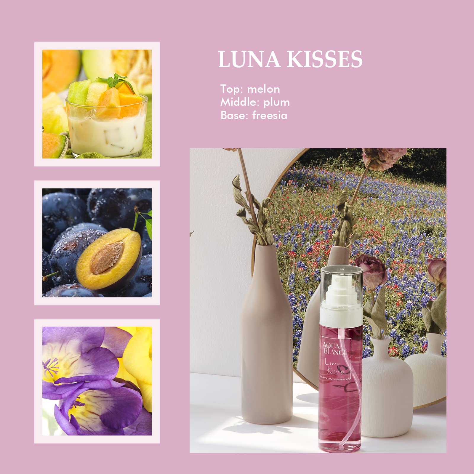 Aqua Blance Luna Kisses bottle captures fruity floral blend ideal for spring joy.