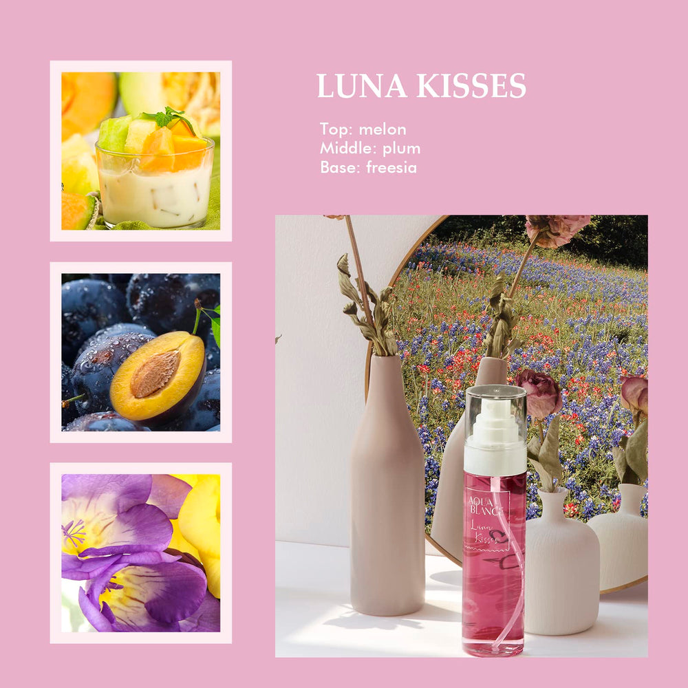 Aqua Blance Luna Kisses bottle captures fruity floral blend ideal for spring joy.