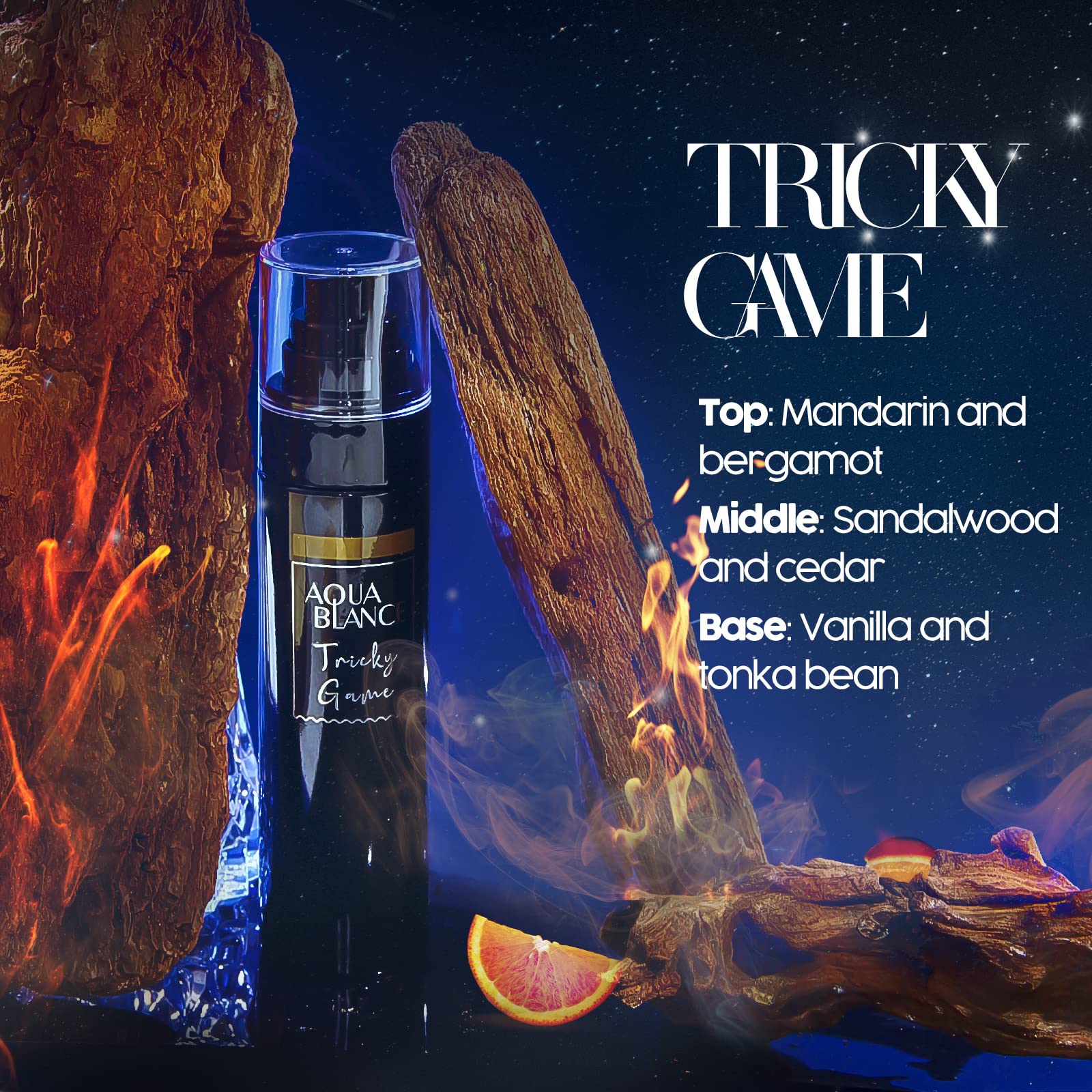 AQUA BLANCE Night Blue bottle evokes serene moonlit scent for evenings.