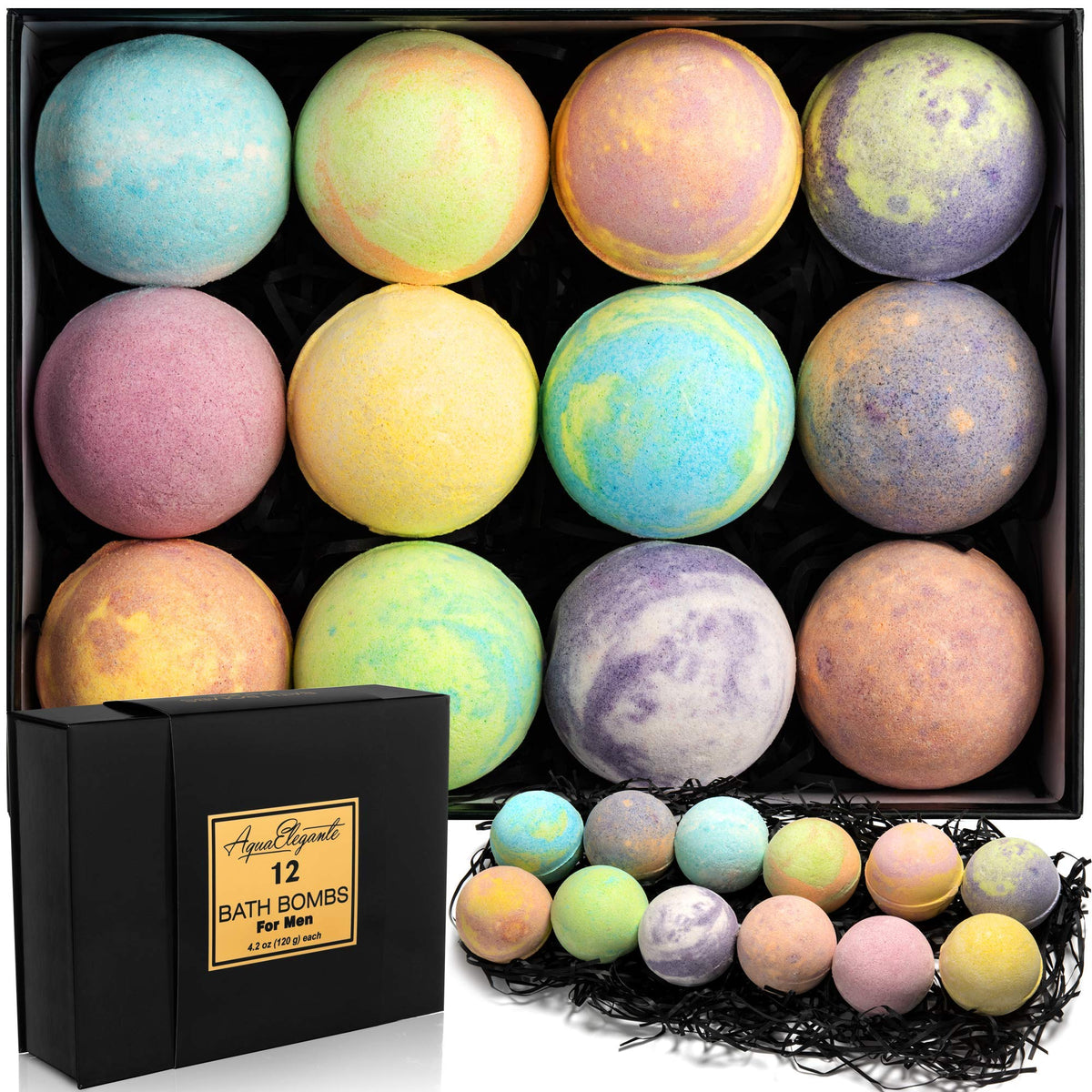 Aqua Elegante bath bombs packaging shows premium gift-ready presentation for men.