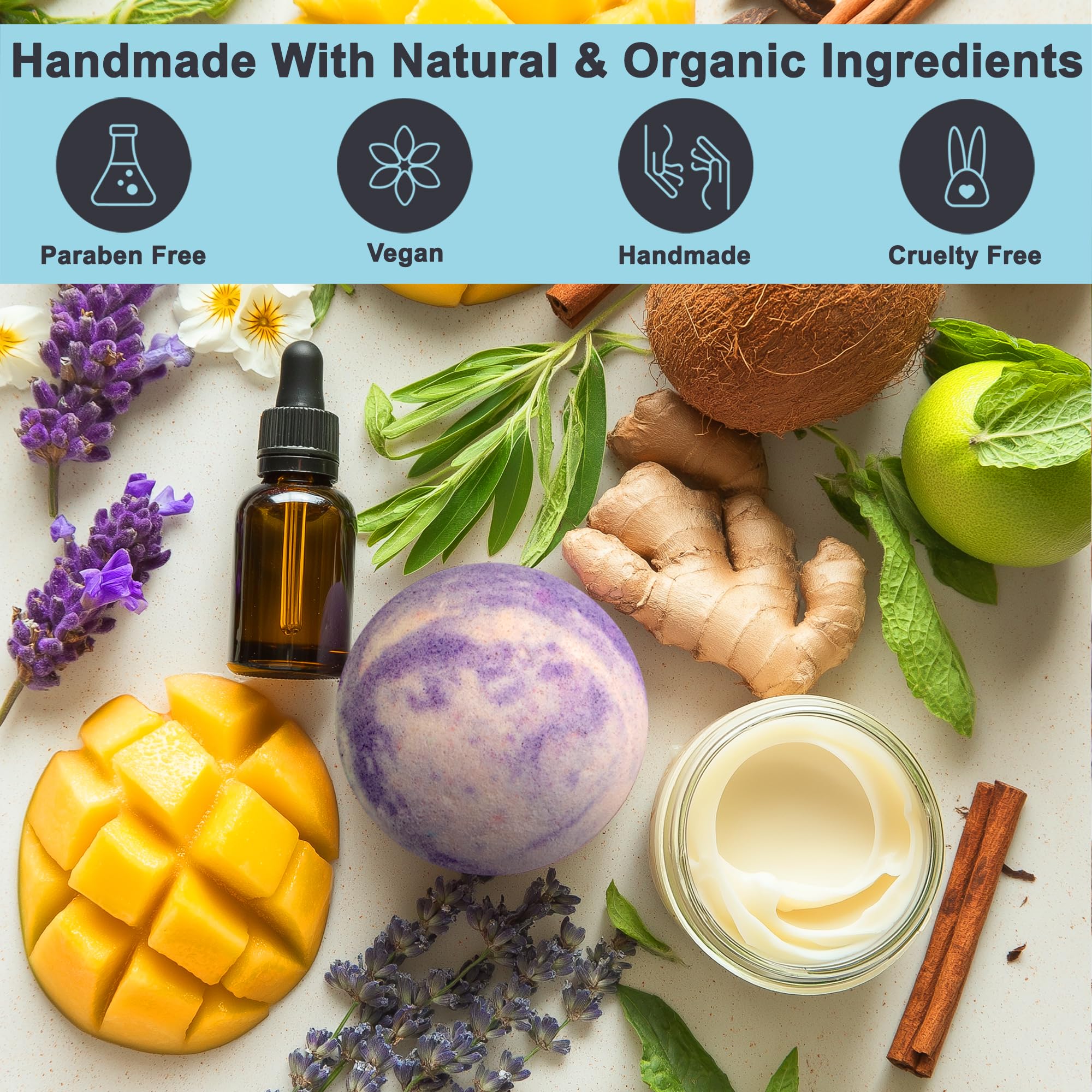 Aqua Elegante bath bomb ingredients highlight organic essential oils and vegan formula.
