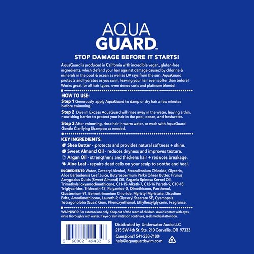Aqua Guard family-use bottle on poolside for shared hair care before swimming.