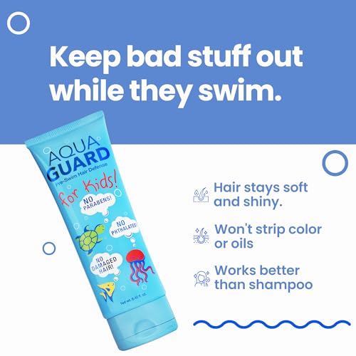 Color-safe AQUA GUARD bottle sits beside vibrant towel, suggesting color preservation after chlorine.