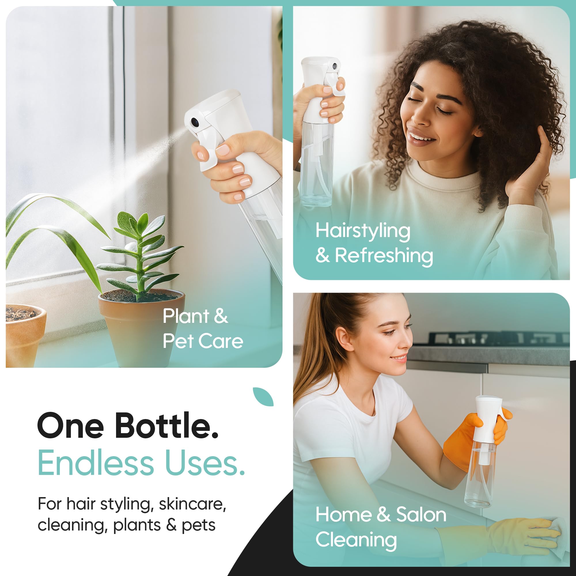 Aquableu clear bottle demonstrates versatility for hair, plants, cleaning, and more.