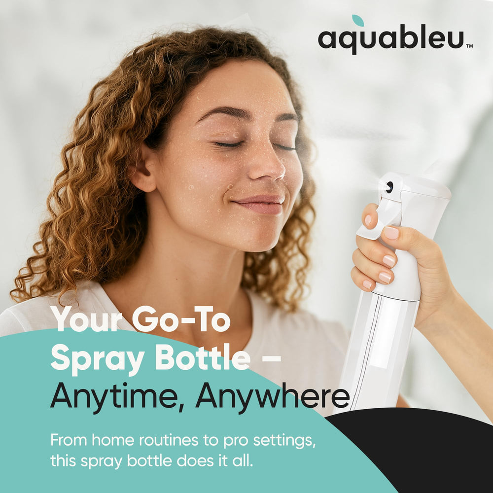 Aquableu essential oils spray bottle spreads aroma evenly for quick aromatherapy routines.