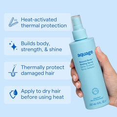 Aquage Beyond Body Sealing Spray ceramic polymer close-up highlighting heat protection and moisture sealing.