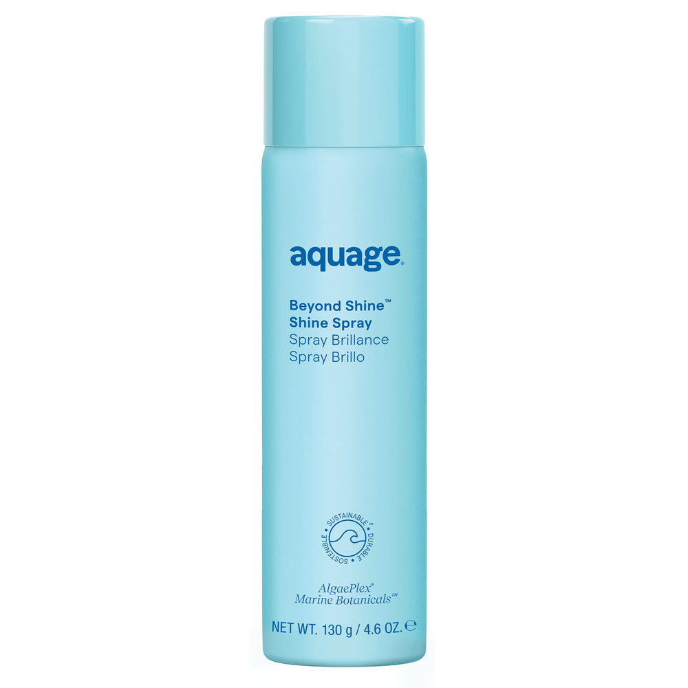 Aquage Beyond Shine fine-mist silkening spray bottle adds radiant gloss to finished looks.